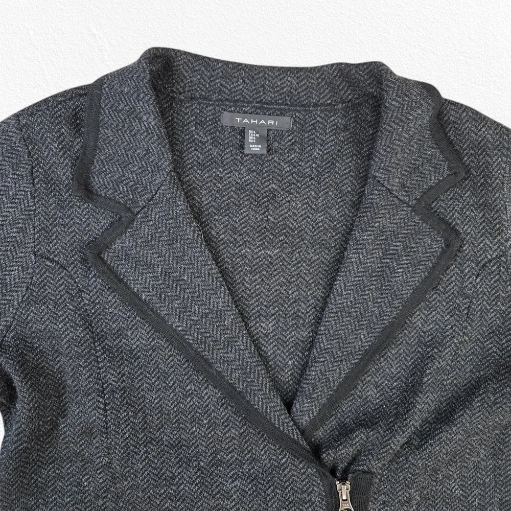 Tahari Gray Herringbone Asymmetrical Zip Wool Blend Moto Jacket Size Large